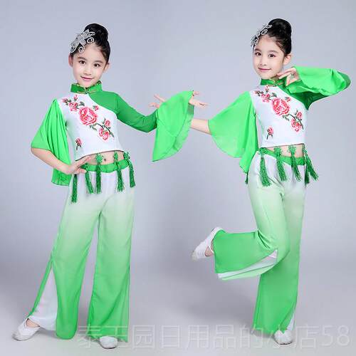 高档女儿古舞演出童典服中国风童清新淡雅扇子伞舞民族秧歌舞蹈表