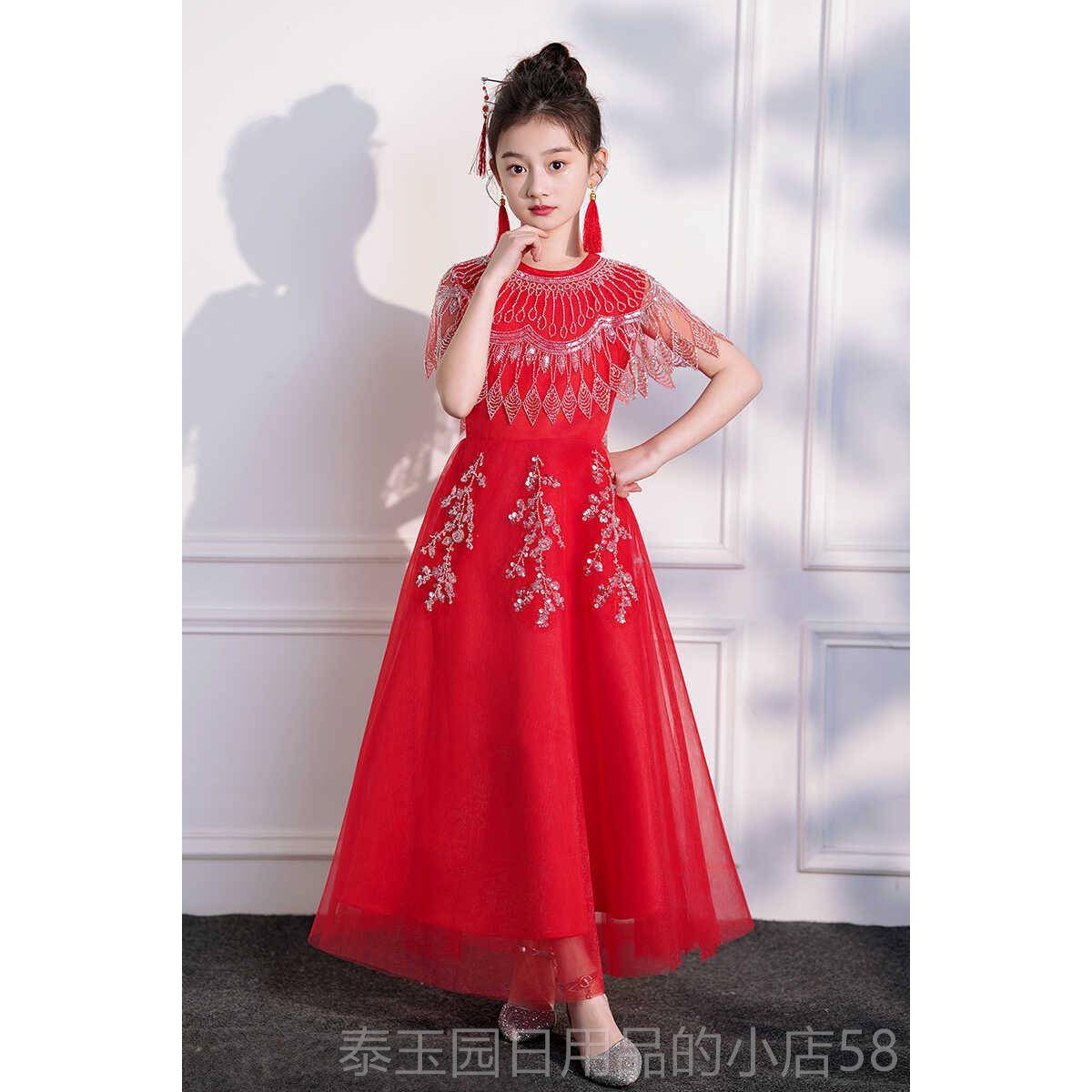 高档儿童色古筝演出服女童舞台表演白演公主生日裙小主持钢人琴奏