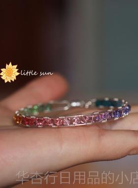 正品水阳原创 4K包金奥地利晶渐变糖果色彩太虹1925纯银超闪手镯