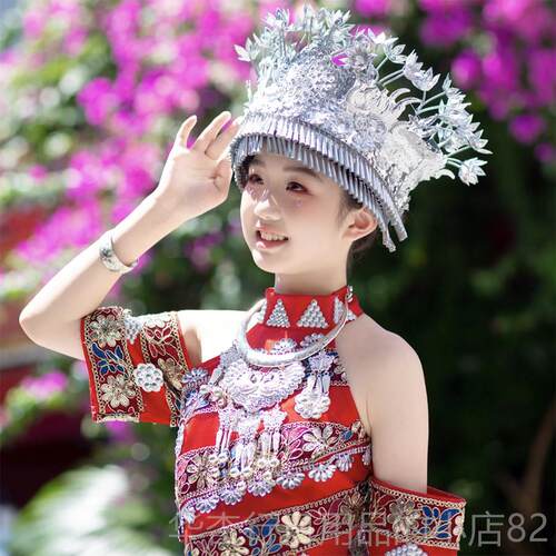 正品中大童民族服小孩苗族服舞蹈演一出服夏季新装款白服色红整套