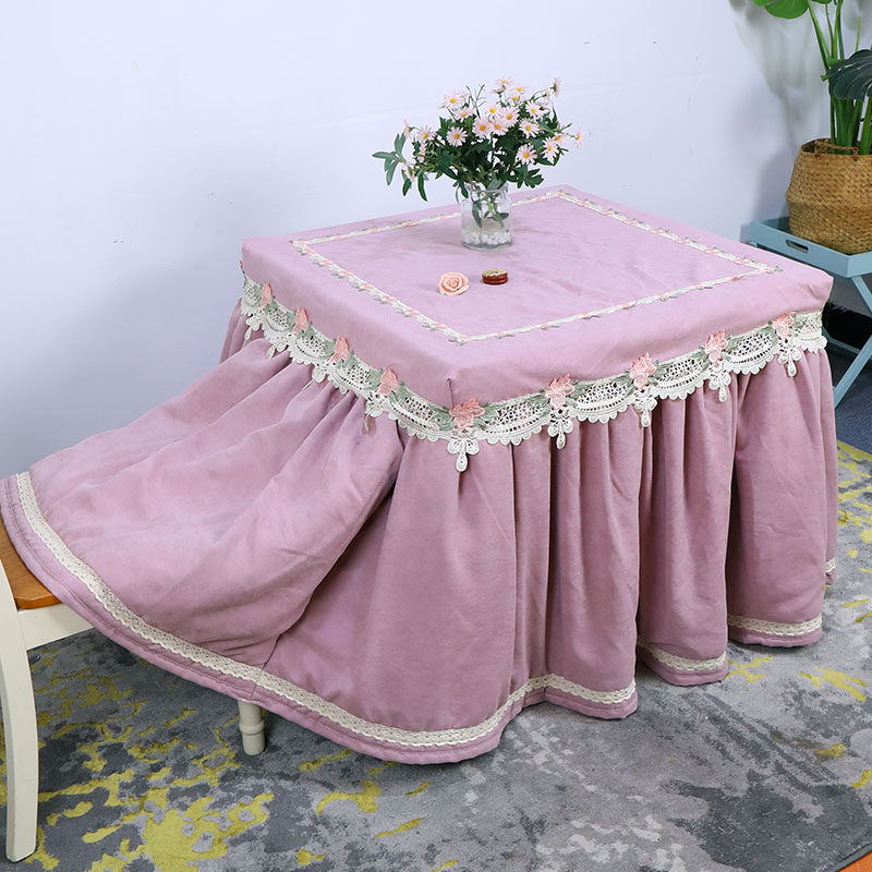 2022新款烤火桌子罩套粉色蕾丝花边烤火罩正方形烤火被加绒夹棉