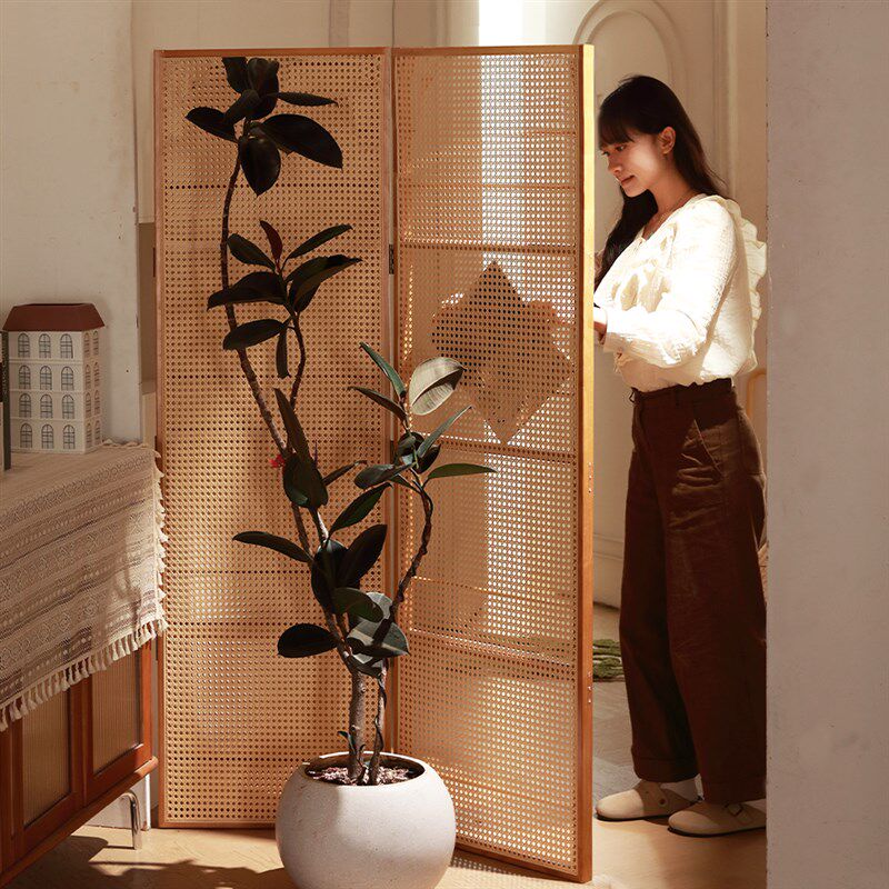 中古玄关入户折叠屏风家用卧室正对门隔断置物藤编木书架移动遮挡