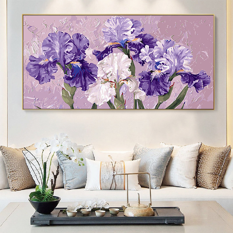 鸢尾花数字油画diy手工手绘填色高级感花卉大尺寸客厅横版装饰画