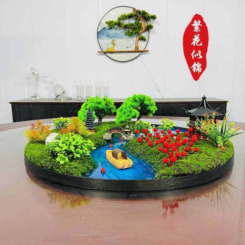 酒店会所餐桌大圆桌桌面创意摆件转盘中间造景摆花微景观装饰品
