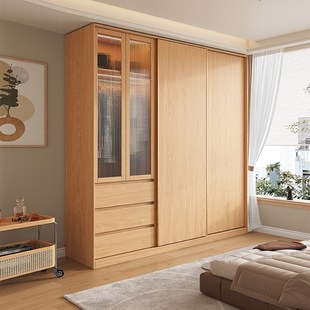 定制实木分段式推拉门衣柜新款卧室家用橡木色玻璃门趟门衣橱柜子