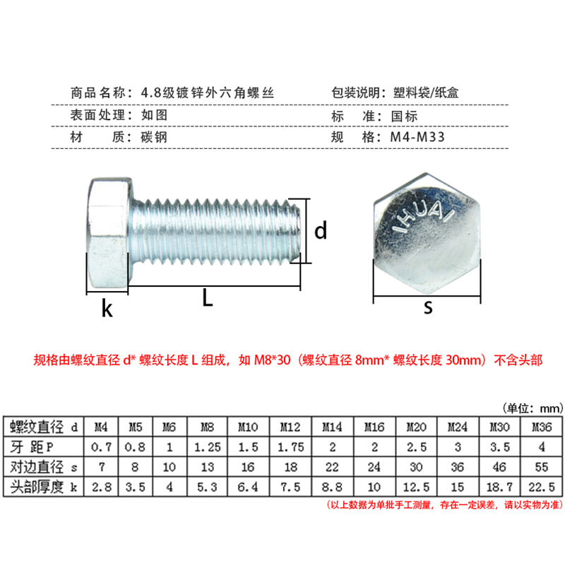 【5斤装】.8级镀锌外六角螺丝六角头螺栓加长螺杆M5//8/10/