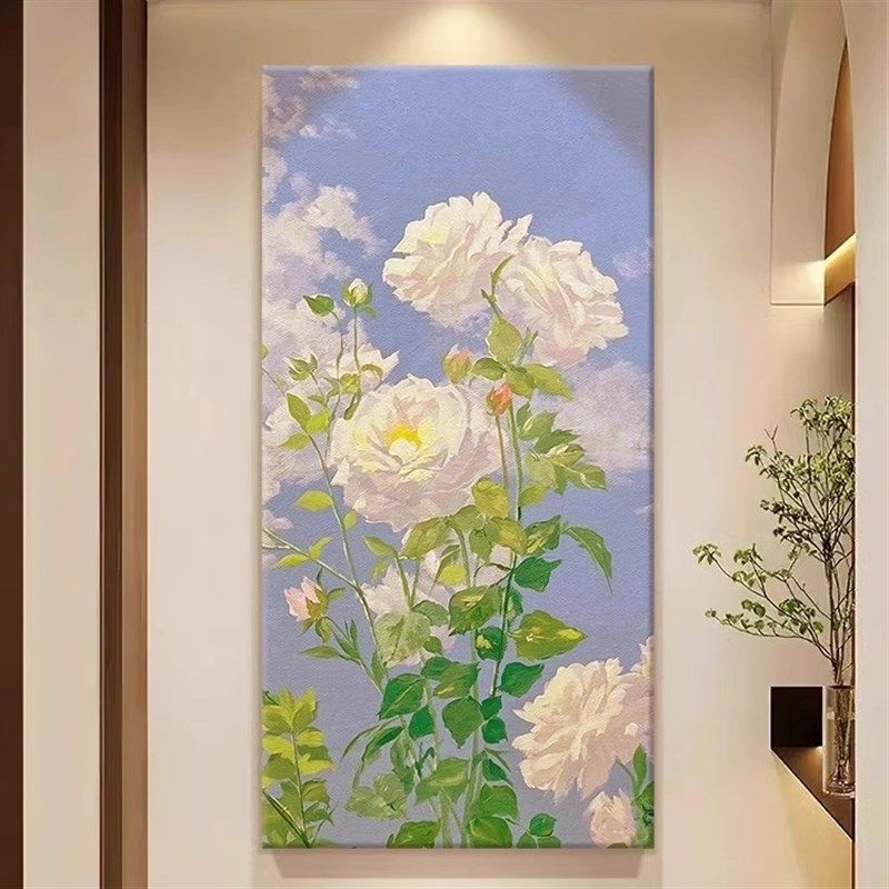 手绘油画牡丹花入户玄关装饰画花开富贵治愈花卉大幅竖版客厅挂画