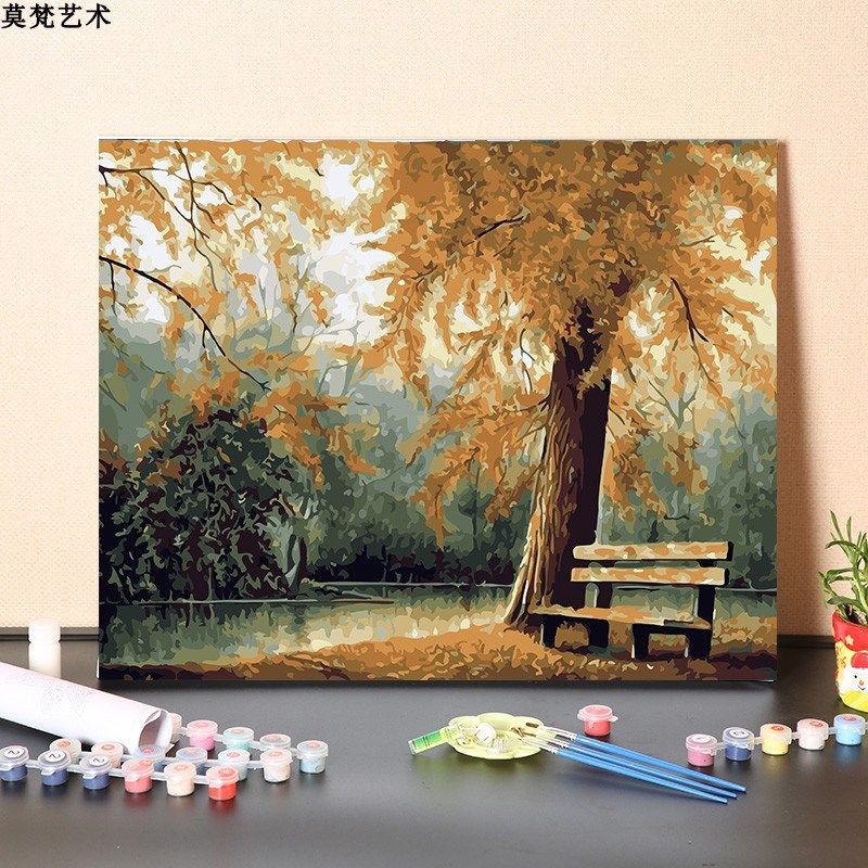 数字油画diy填充手工填色秋天公园落叶长椅风景画涂色丙烯油彩画