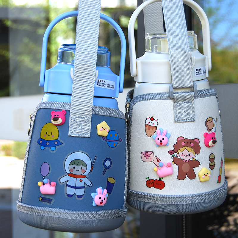 吸管保温大肚杯单饮口大容量1100ml儿童男女士学生卡通刻字带杯套