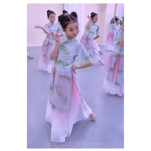高档新款儿童古典舞蹈服水式墨演印花旗袍新中练功服扇子舞服出表
