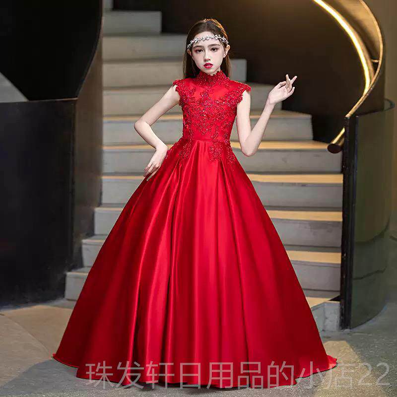 高档2025新款女童礼服红色钢琴礼演出比赛儿服舞台秀走晚服童大气