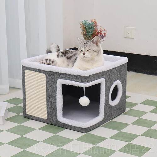 高档冬季宠物猫窝双层豪华猫别墅可收猫纳封折剑麻叠猫爬架半闭式