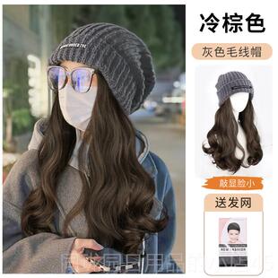 正品帽子假一体时尚头套女款20款24新彷真发全真人发秋发冬季针全