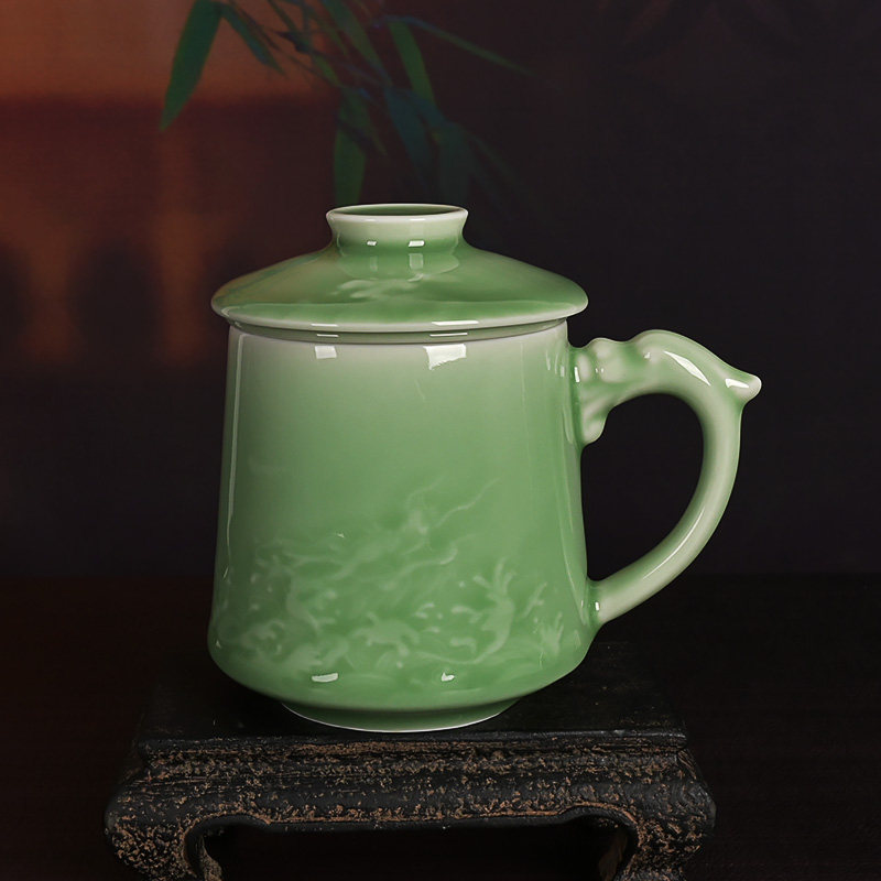 青瓷茶杯带盖子茶漏家用个人单杯中式办公室泡茶杯中式送礼陶瓷水