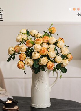 复古焦边玫瑰仿真花假花餐桌装饰插花客厅干花艺摆件小花束高级感