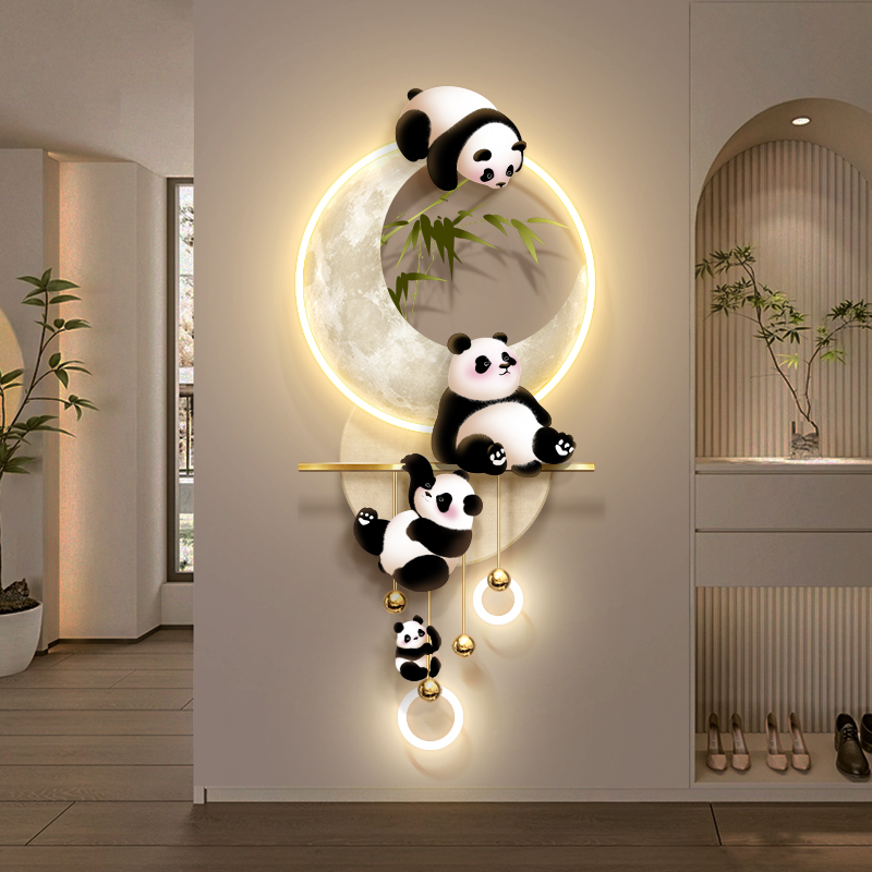 奶油风玄关装饰画入户进门高级感熊猫挂画简约走廊过道尽头壁灯画