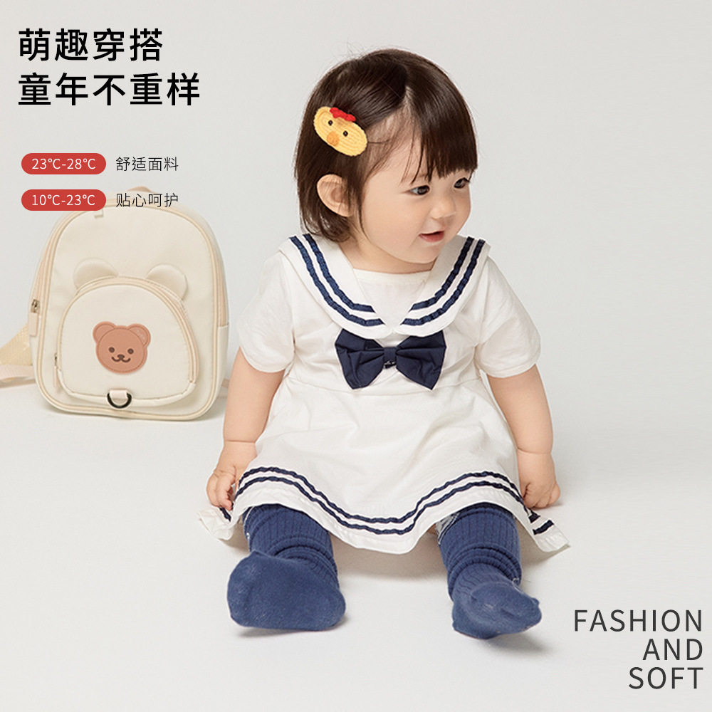 婴儿纯棉衣服夏季新款新生儿短袖三角爬服女宝宝海军领纯色包屁衣