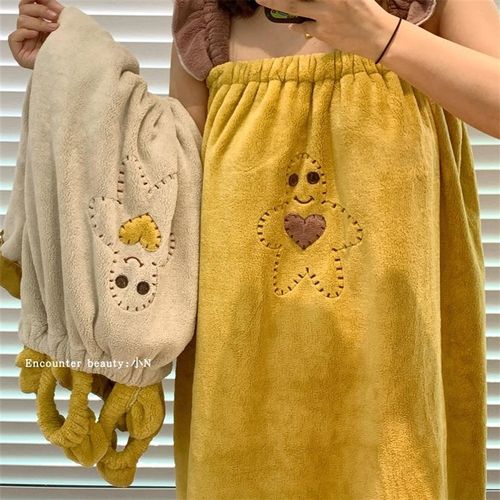 浴裙女吸水速干不掉毛超大加厚款洗头浴帽珊瑚绒干发帽家用二件套