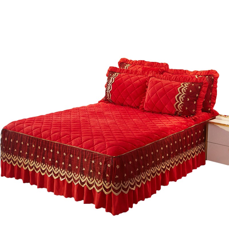 秋冬保暖加厚夹棉床罩床裙式防滑法莱绒床盖床1.8m床上用