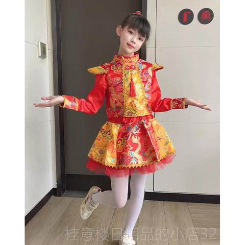正品儿童说唱中国红色秧节日蹈风格击鼓儿歌服装和女幼孩太平鼓民