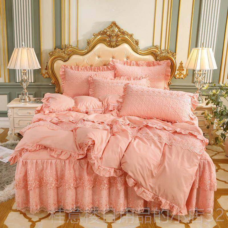 正品申牟家纺 斜纹纯棉双层丝床裙四件套加厚加棉床式罩4蕾件套全