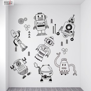 手绘人工智能机器人贴纸个性 卡通男孩儿童卧室房间布置艺术墙贴画