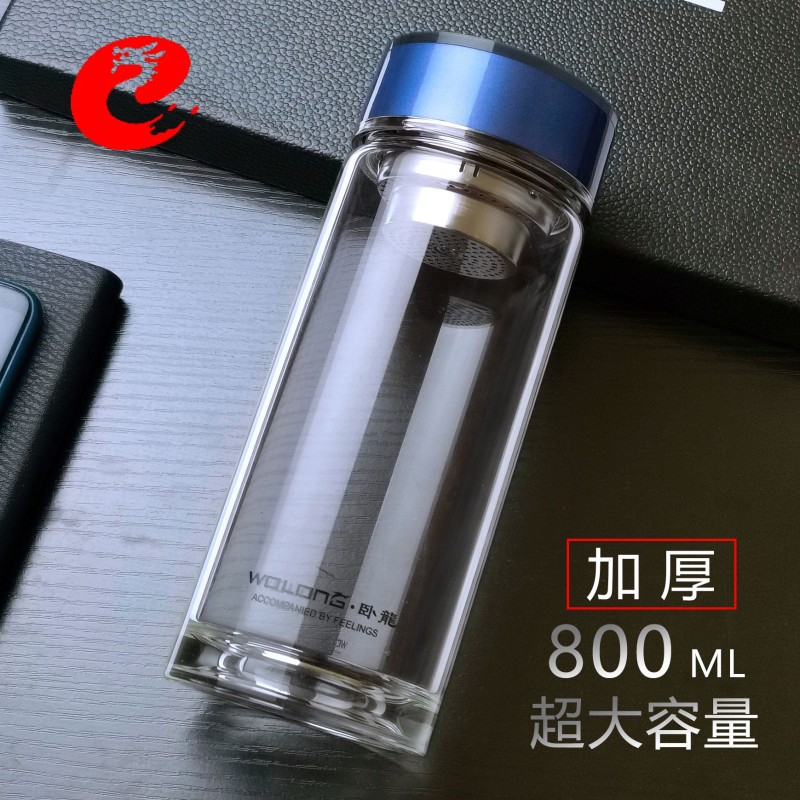 卧龙水杯男夏单层加厚玻璃杯大容量800过滤带茶隔泡茶杯耐热透明