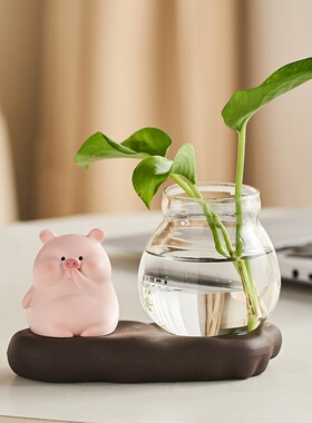 可爱小猪水培摆件办公室好物女生电脑办公桌面工位装饰品治愈解压