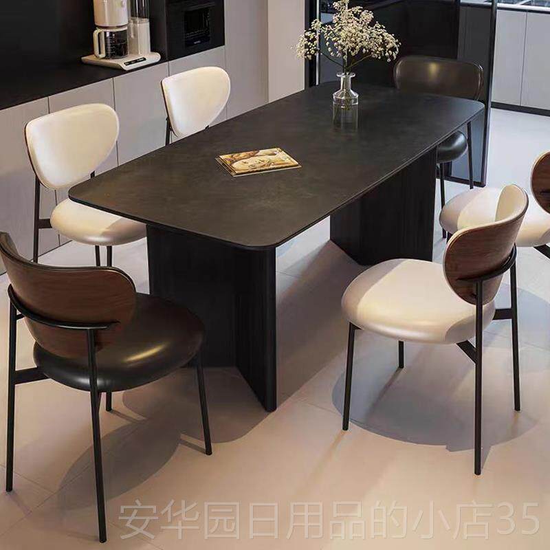 高档覆古风黑胡桃色木长餐桌椅组合新家用方形小户实型岩板饭桌20