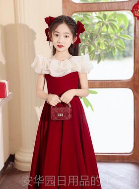 高档女童晚礼服高端红色花童小女主孩公裙丝春夏儿钢童主持琴绒演