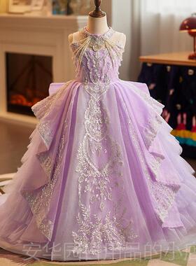 高档紫色童主人晚礼服裙高端轻奢持出小众大童儿女童钢琴演奏演服