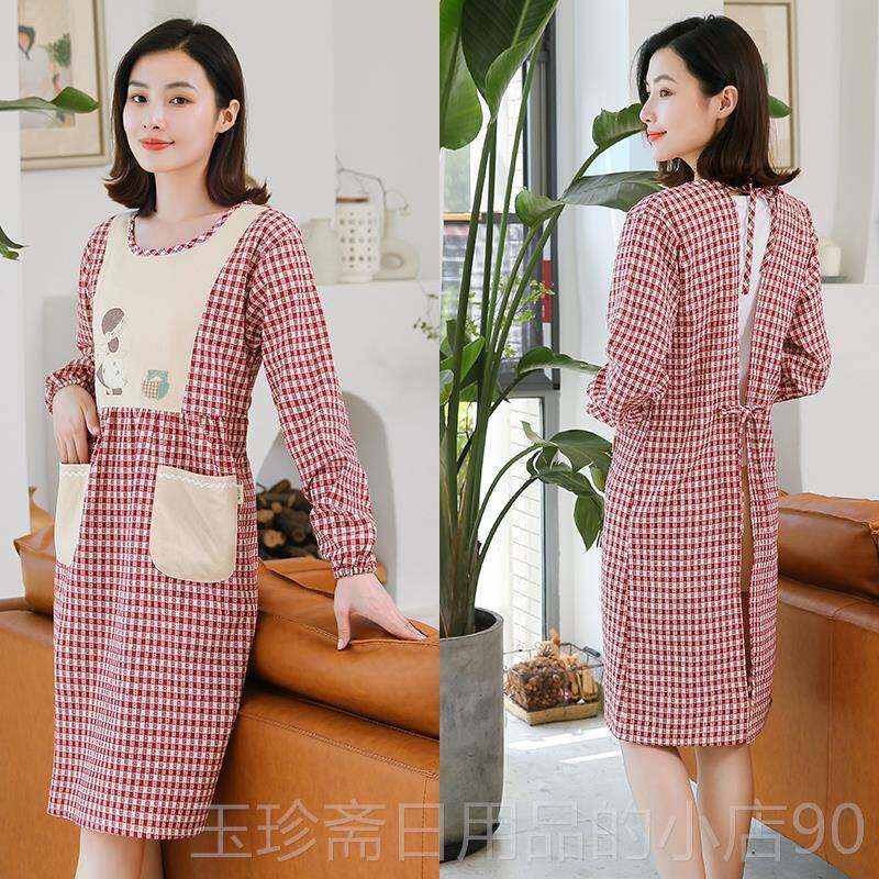 正品拉炼围裙妇可爱的日本风袖格风格与袖水子家庭厨房长罩衫成人