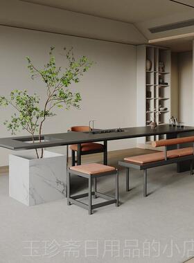 正品现代约台茶桌椅合实木组新中式嵌入岛式一体茶台简黑色禅意办