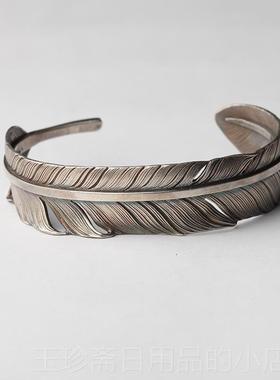 正品屿原手创民风手工錾刻偶纯银羽毛开口复古手镯小众设计鹰羽族