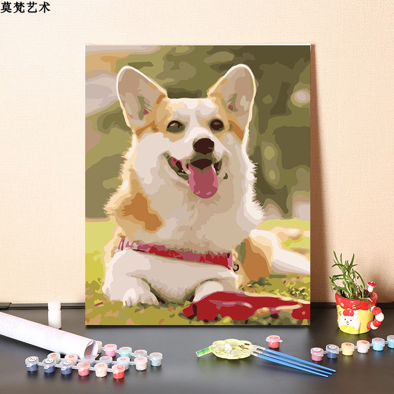 数字油画diy手工填充可爱动物柯基犬狗手绘儿童房填色画油彩画画
