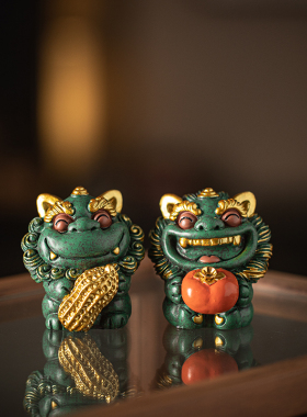 国潮风狮爷好柿发生瑞兽摆件一对创意可爱系家具办公桌面装饰礼品