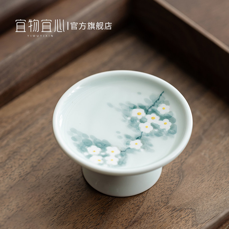 釉下彩手绘陶瓷盖置盖托紫砂壶茶盖置托壶承高端盖置盖碗茶宠摆件