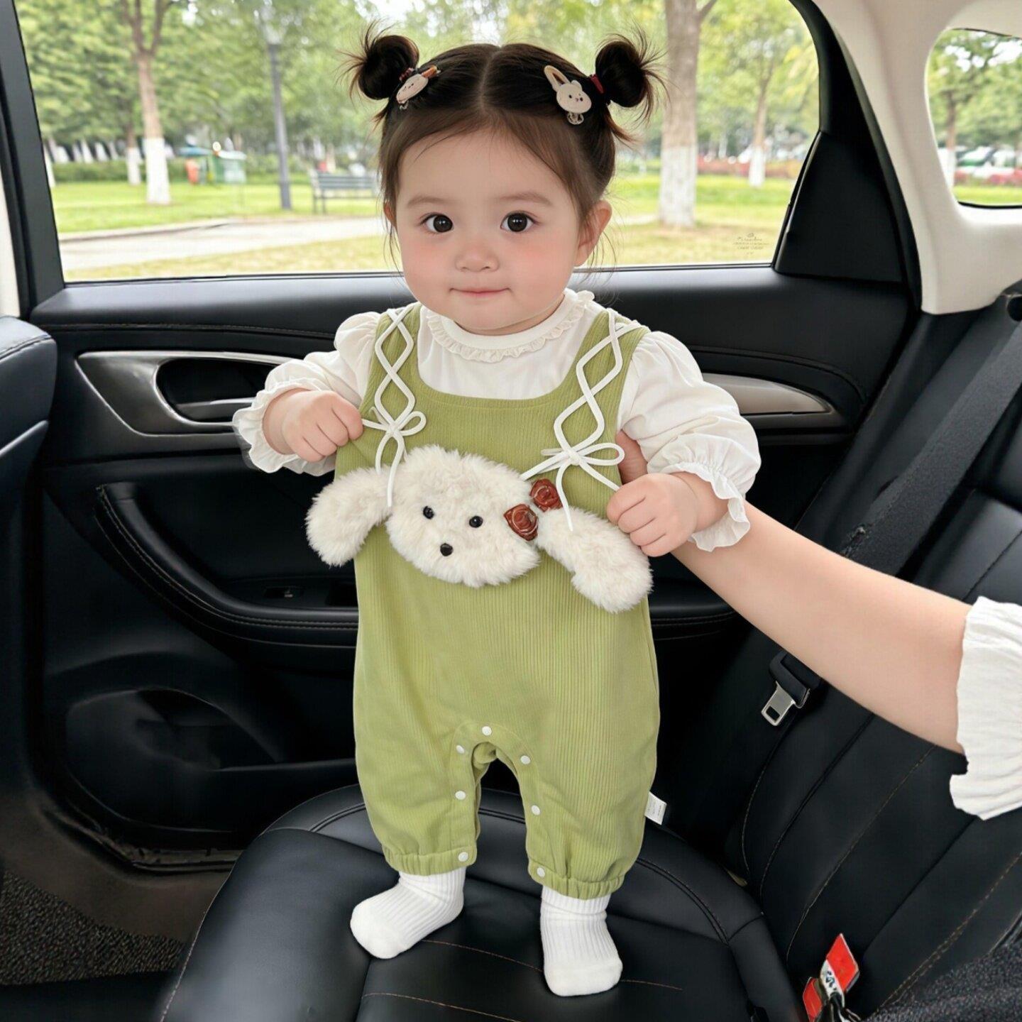 连身衣婴儿春装女宝宝假两件卡通兔子抱婴袋裤套装可爱超萌外出爬