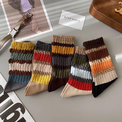 【秋冬新品】运动慵懒风潮款条纹彩虹复古高筒袜韩版ins堆堆袜CZ2