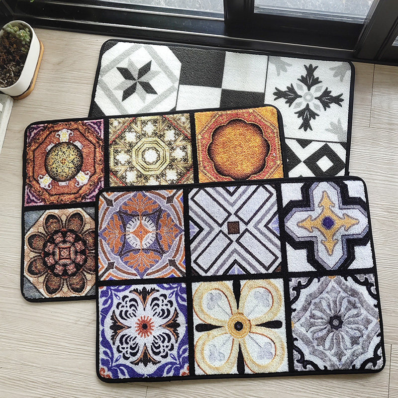 特 地中海格子地砖花纹吸水防滑地垫卧室门垫入户地毯复古花砖垫