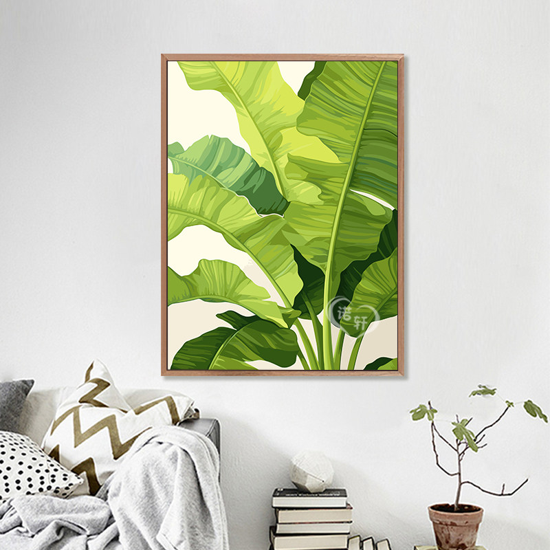 家大业大手绘数字油画diy手工涂色油彩画 客厅玄关芭蕉叶装饰挂画