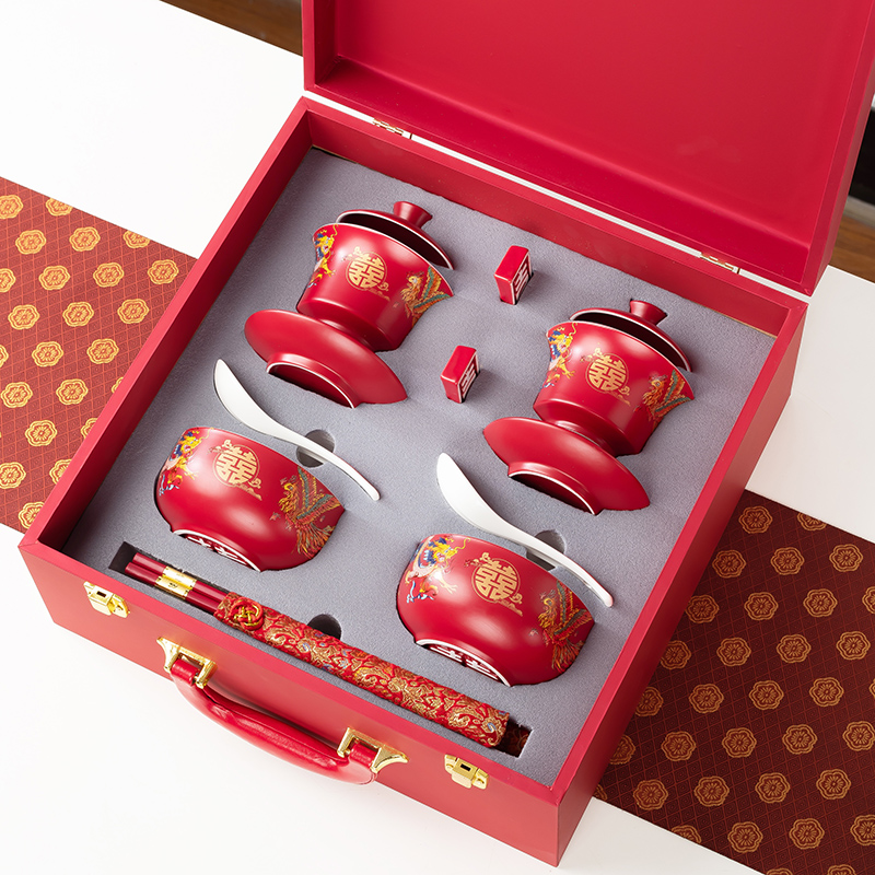 结婚改口敬茶杯套装喜茶壶喜杯红色陶瓷龙凤喜碗一对陪嫁婚庆用品