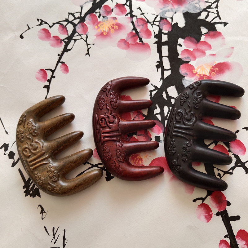 头部经络疏小叶紫檀双面雕刻五齿木梳大齿宽齿按摩头皮绿檀木梳子