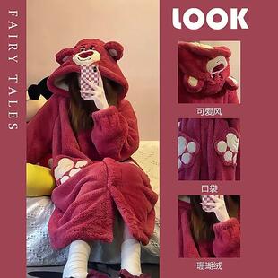 草莓连帽熊熊睡衣帕恰狗珊瑚绒美乐蒂睡袍秋冬季蓝仔家居服保暖