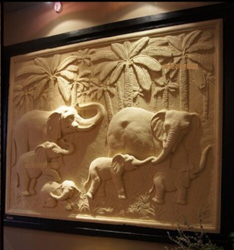 金钻砂岩大象浮雕沙岩壁画背景墙玄关背景群象立体雕刻室内外壁画