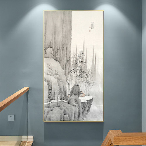入户玄关装饰画单幅中式山水过道挂画走廊尽头竖版大尺寸巨幅壁画