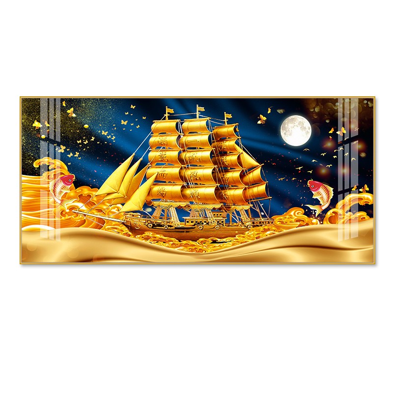 一帆风顺客厅装饰画现代简约沙发背景墙挂画横版大气金色帆船壁画