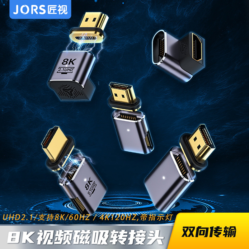 匠视 hdmi转接头弯头公对母磁吸多直角延长线8K@60高清视频转换器