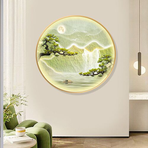 清新奶油风流水生财玄关装饰画背有靠山发光灯画圆形客厅餐厅挂画