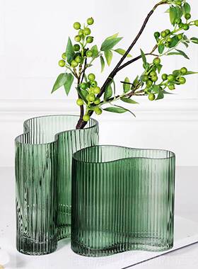 高档北形创欧现代餐意波浪异水培花器绿色玻璃厅装饰客厅插花摆件